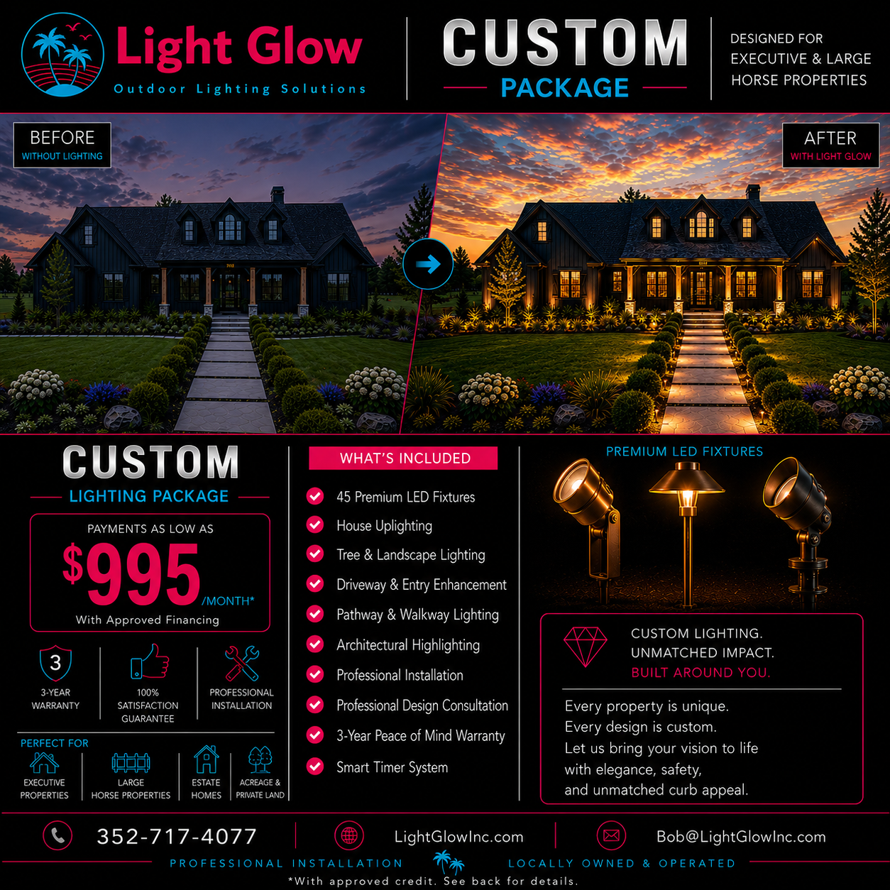 Custom Landscape Lighting Package featuring 45 premium LED fixtures, architectural house uplighting, tree and landscape lighting, driveway enhancement, and professional installation by Light Glow Outdoor Lighting Solutions in The Villages, Florida.
