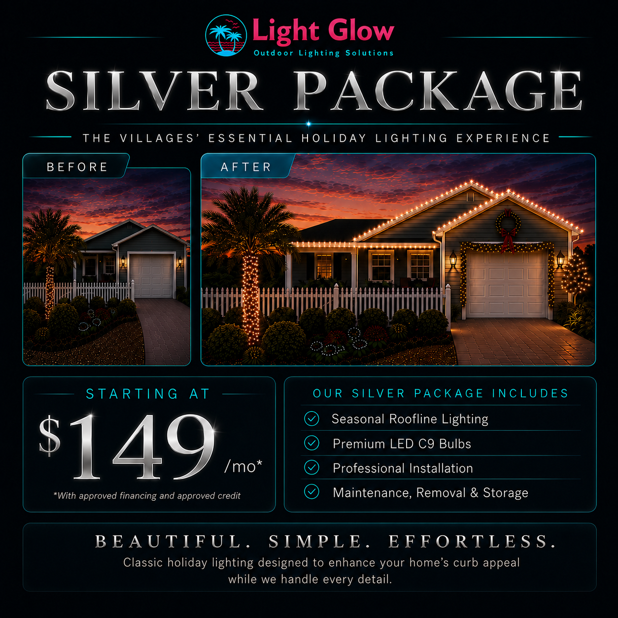 Seasonal Silver Christmas lighting package professionally installed on a villa in The Villages Florida with warm white roofline lighting and holiday décor.