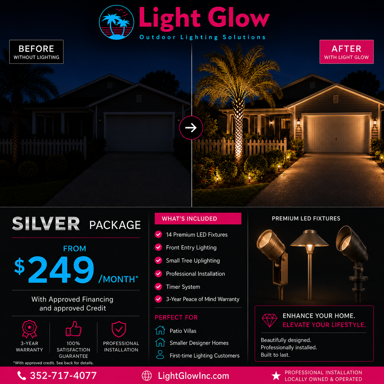 Silver landscape lighting package by Light Glow Outdoor Lighting Solutions featuring 14 premium LED fixtures with professional installation and financing available.