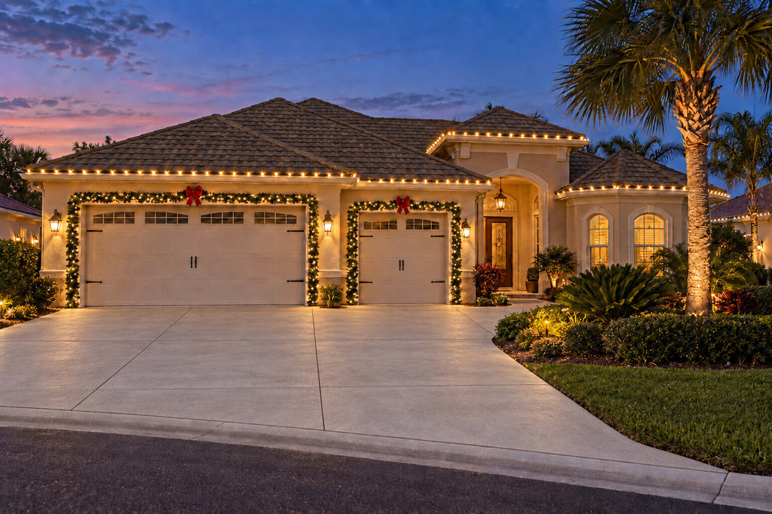 Christmas garland framing a double garage and golf cart garage in The Villages Florida