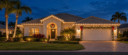 Professional warm-white Christmas light installation on a home in The Villages Florida