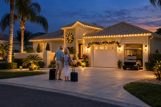 Seasonal residents arriving at their professionally decorated Christmas home in The Villages Florida