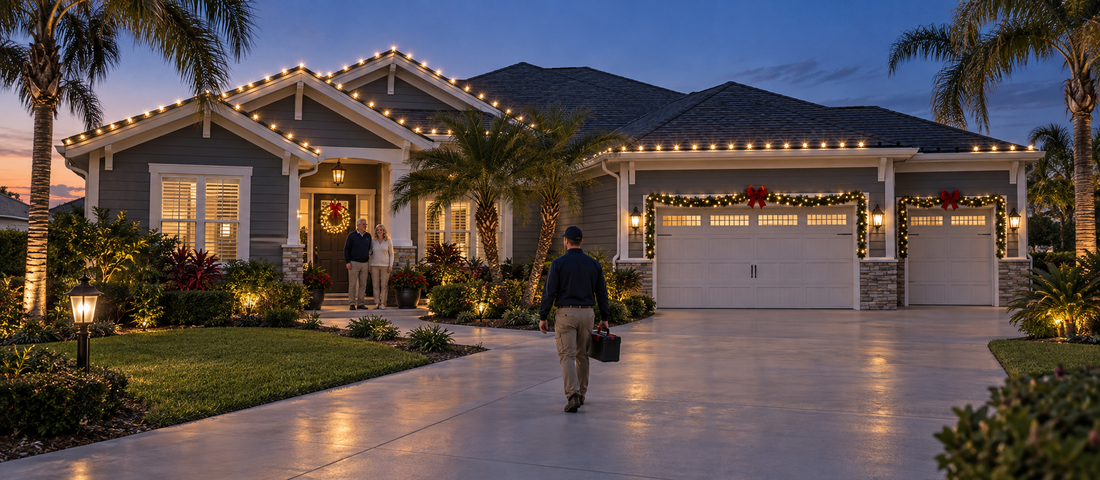 Light Glow technician arriving to service a professionally installed Christmas lighting display at a home in The Villages