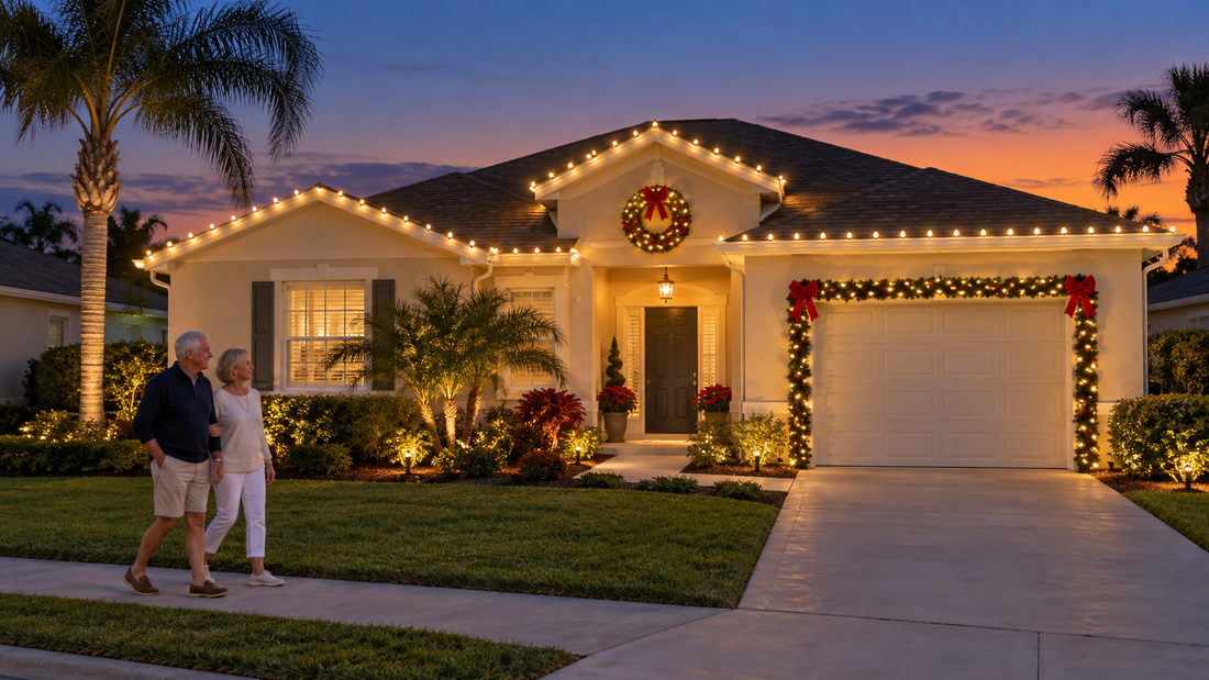 Older couple walking past a Villages-style home with Warm White Christmas roofline lights at dusk