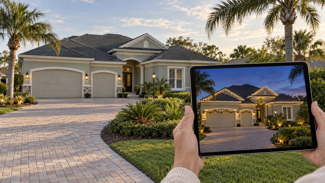Christmas light visualizer showing a roofline lighting concept on a home in The Villages Florida