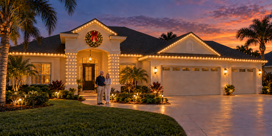 Retired couple viewing Warm White Christmas lighting on front gables, eaves and columns of a home in The Villages