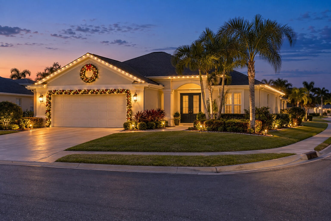 Christmas lighting on the front and visible side of a corner-lot home in The Villages Florida