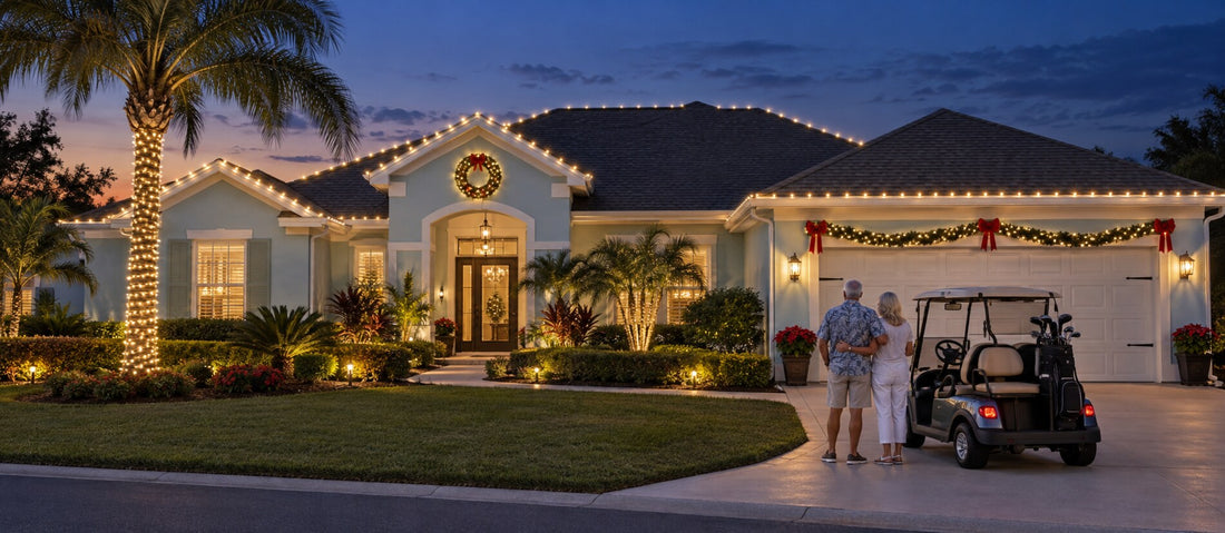 Retired homeowners enjoying professional Christmas lighting on their Florida home
