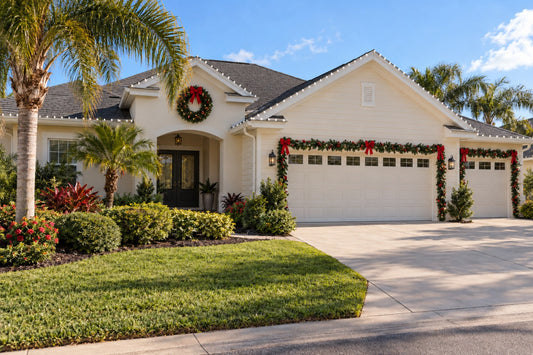 Christmas greenery and unlit roofline bulbs on a Villages-style home in daylight