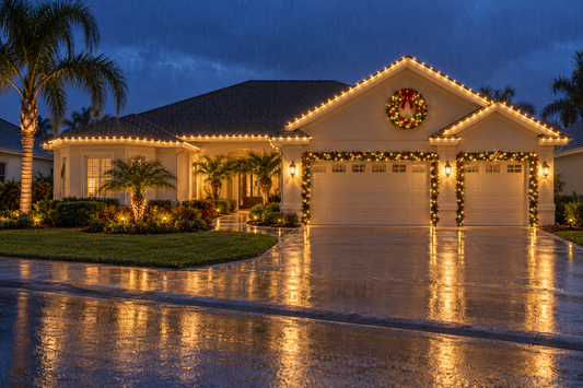 Warm White professional Christmas lights on a Villages-style home during gentle rain