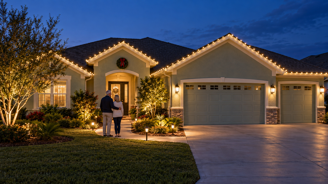 Couple viewing Christmas roofline and existing landscape lighting at a home in The Villages