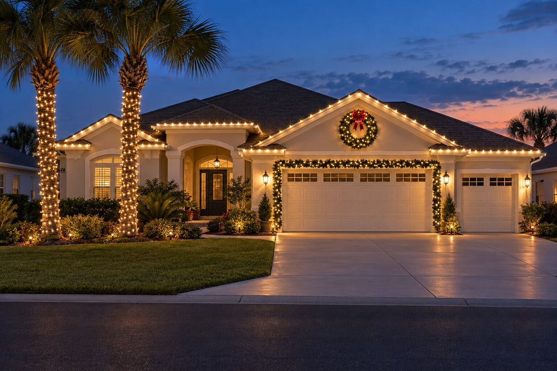 Warm White Christmas lights on selected palm trunks outside a Designer Home in The Villages Florida