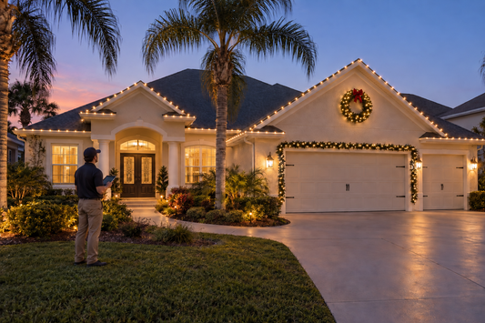 Professional reviewing Christmas light placement on a shingle-roof home in The Villages Florida