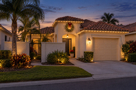 Christmas wreath placed above the recessed entry of a courtyard villa in The Villages Florida