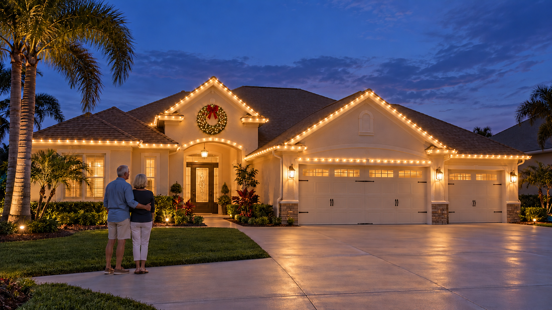 Retired couple viewing complete Warm White Christmas roofline lighting on a home in The Villages Florida