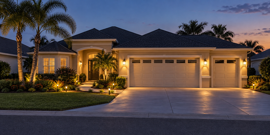 Warm outdoor lighting around a concrete driveway with adjacent main and golf-cart garages in The Villages