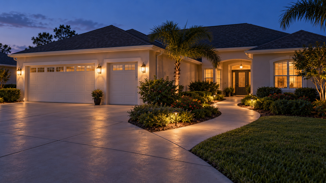 Subtle pathway lights along a concrete front walk at a Villages-style home