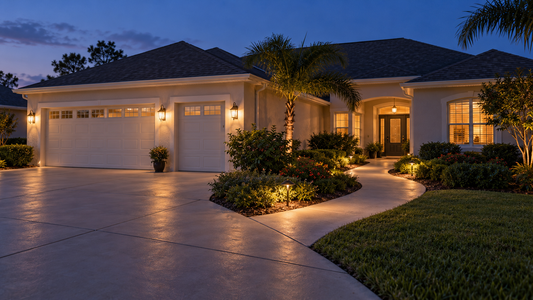 Subtle pathway lights along a concrete front walk at a Villages-style home