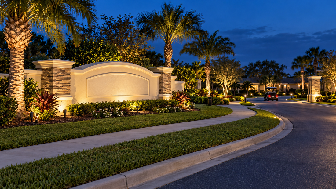 Warm White lighting at an HOA entrance and monument sign in Central Florida