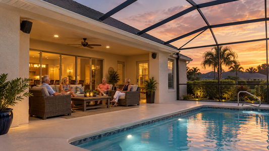 Discreet outdoor speakers serving a covered lanai and screened pool in The Villages
