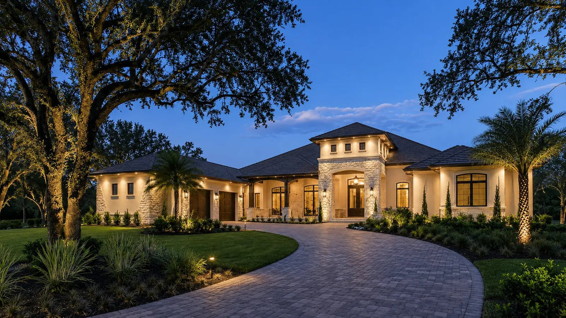 Warm-white permanent roofline lighting on a Central Florida home at twilight