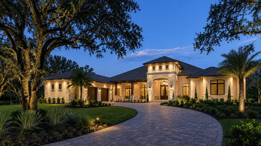 Warm-white permanent roofline lighting on a Central Florida home at twilight
