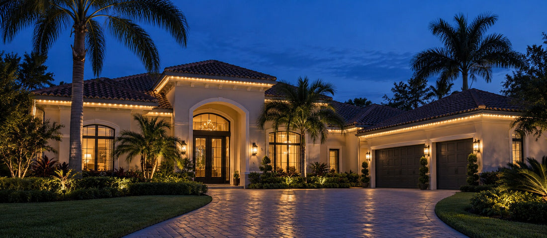 Energy-conscious warm-white permanent roofline lighting on a Central Florida home at blue hour