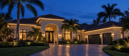 Energy-conscious warm-white permanent roofline lighting on a Central Florida home at blue hour
