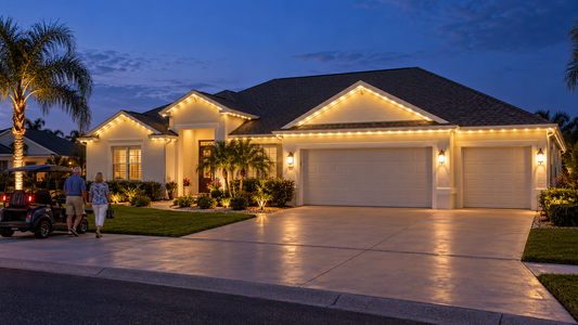 Couple arriving at a Designer-style Villages home with Warm White permanent roofline lighting at dusk