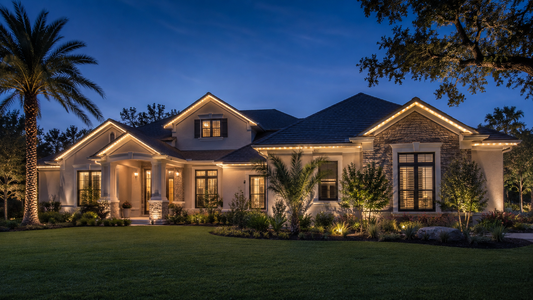 Permanent roofline lighting on a Central Florida home at twilight
