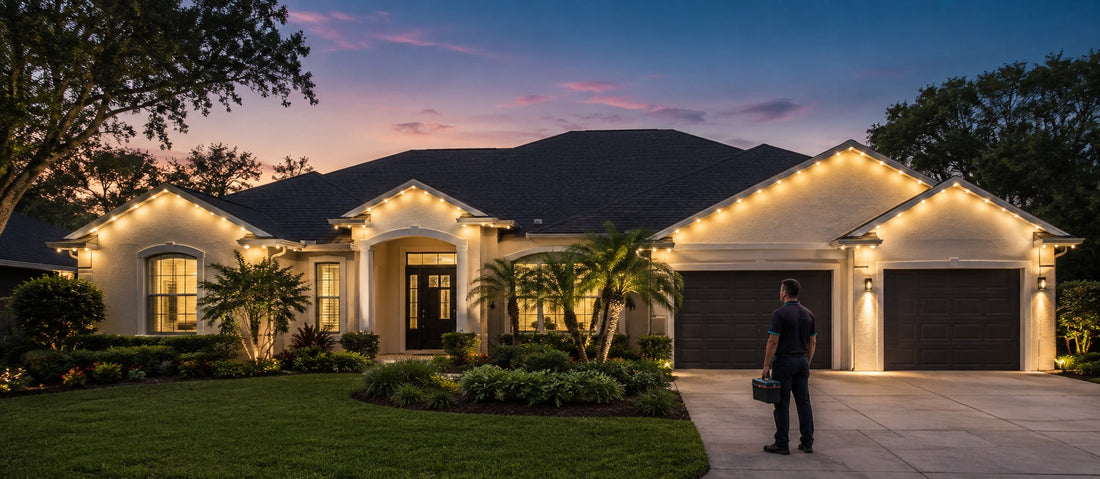 Professionally installed warm-white permanent roofline lighting on a Central Florida home at twilight