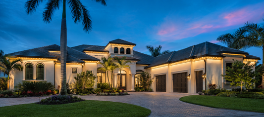 Central Florida home with warm-white permanent roofline lighting installed along the roofline at dusk