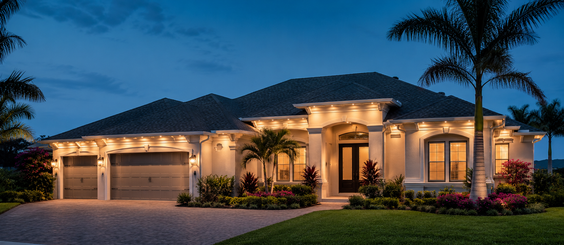 Central Florida home with a new roof and warm-white permanent roofline lighting at twilight
