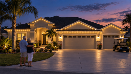 Retired couple viewing Warm White permanent roofline lighting above adjacent main and golf-cart garages in The Villages
