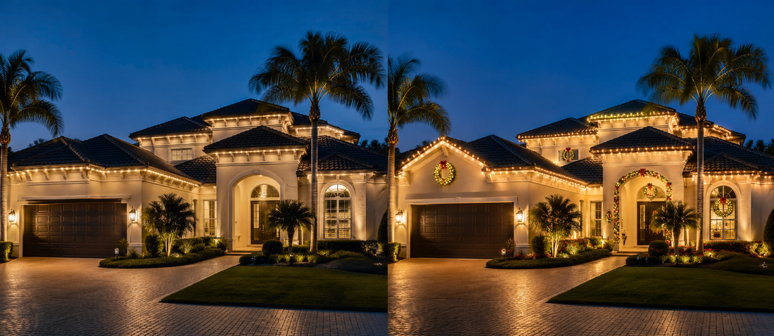 Permanent warm-white roofline lighting compared with professional seasonal Christmas lighting on a Central Florida home