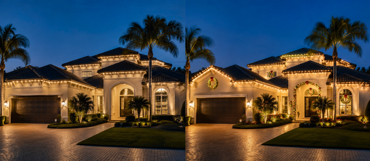 Permanent warm-white roofline lighting compared with professional seasonal Christmas lighting on a Central Florida home