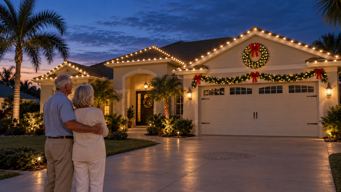 Couple enjoying professional Christmas lighting given as a gift at their home in The Villages Florida