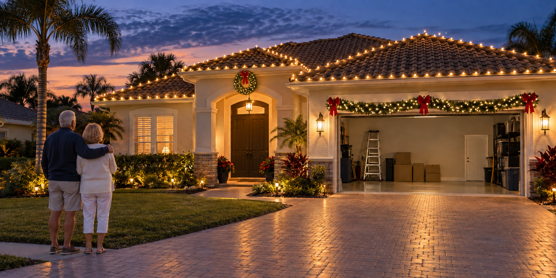 Couple comparing professional and DIY Christmas lighting for their home in The Villages Florida