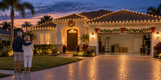 Couple comparing professional and DIY Christmas lighting for their home in The Villages Florida