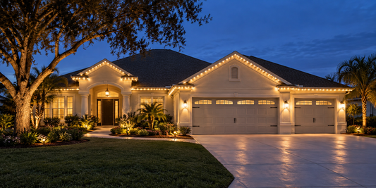 Warm white permanent roofline and landscape lighting on a Villages-style home at dusk