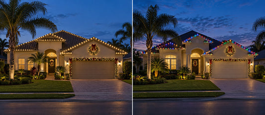 Warm-white and multicolor professional Christmas lighting compared on Florida homes