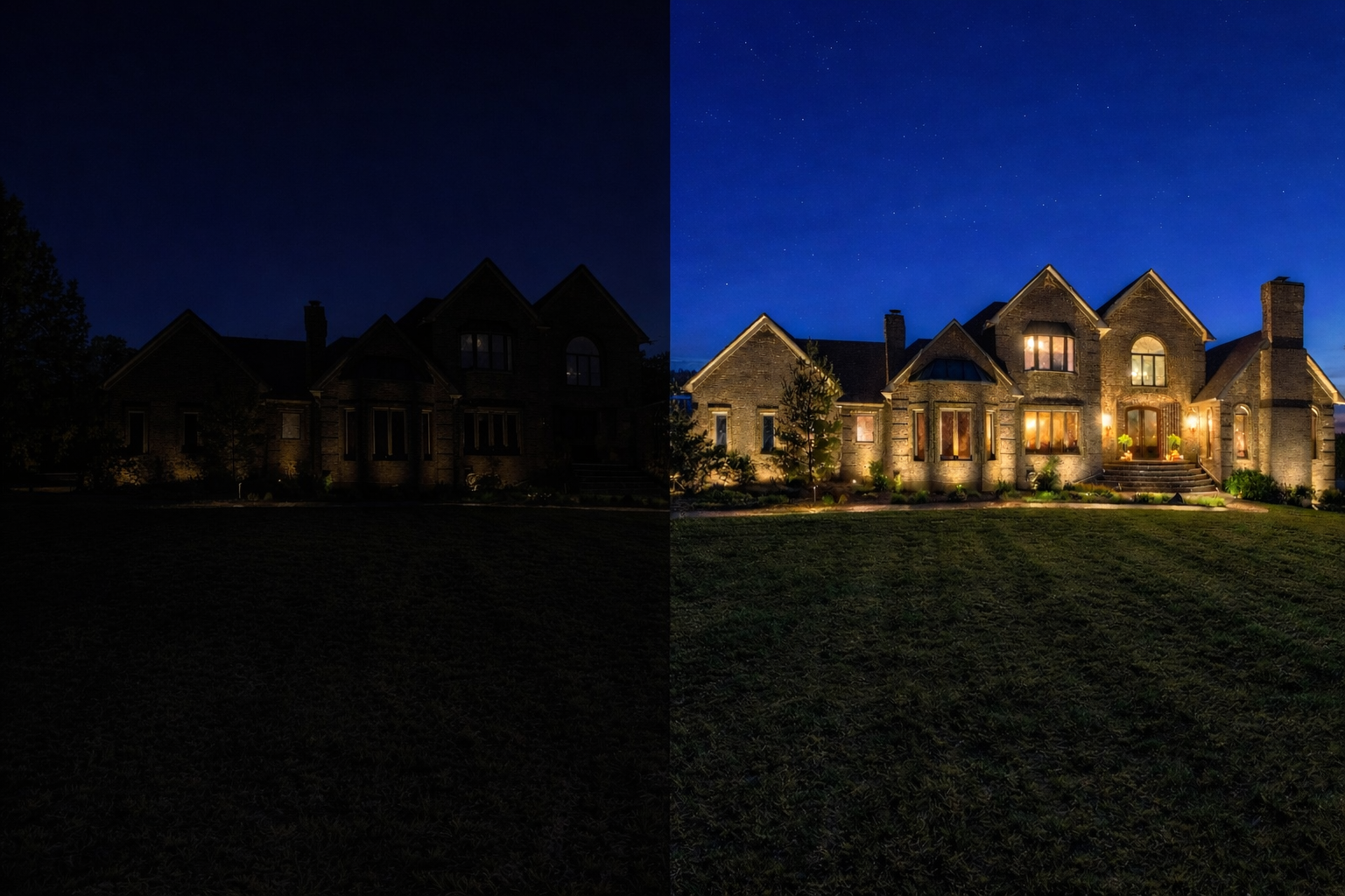 Before and after photo of professional outdoor lighting installation on a luxury home exterior at night