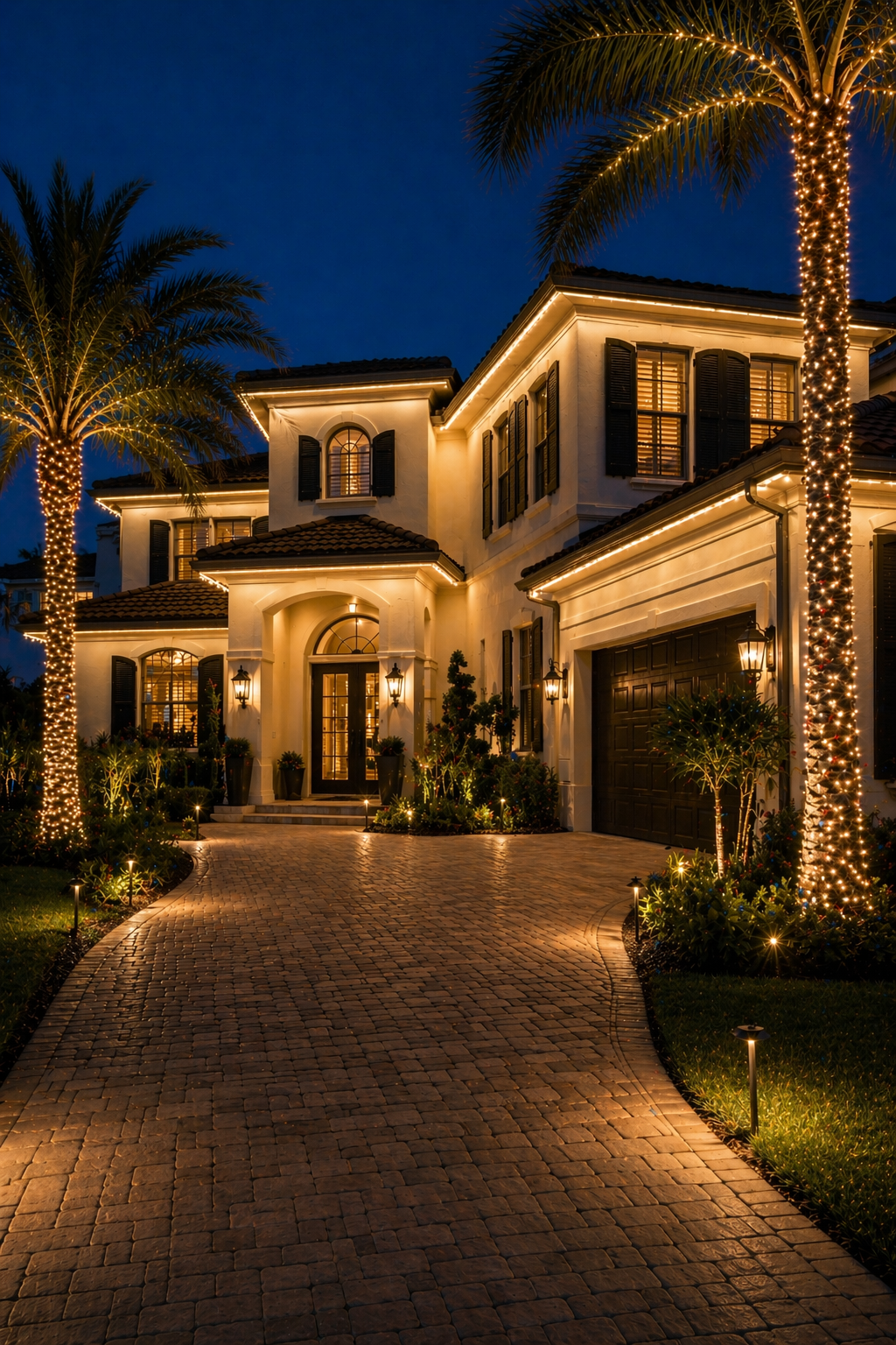 Home with combined outdoor lighting including roofline lighting, landscape lighting, and pathway lights in The Villages, FL