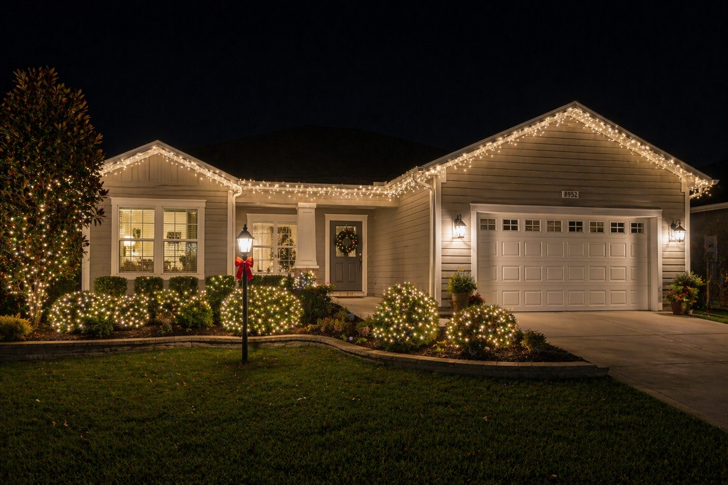 Luxury home featuring commercial-grade C9 LED seasonal roofline lighting with warm white holiday lighting installed by Light Glow in The Villages, Florida.