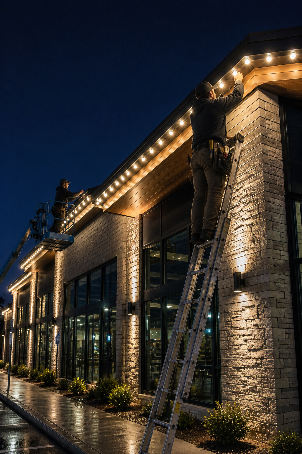 Professional outdoor lighting installation on commercial building in The Villages FL with technicians installing roofline lighting