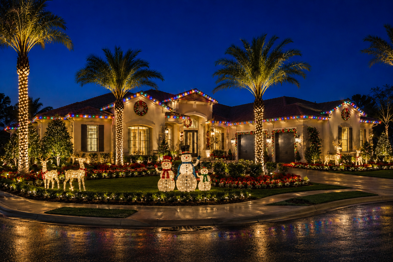 Luxury home with professionally installed Christmas lighting featuring multicolor roofline lighting, wrapped palm trees, illuminated wreaths, reindeer displays, snowmen, and complete holiday décor in The Villages, Florida.