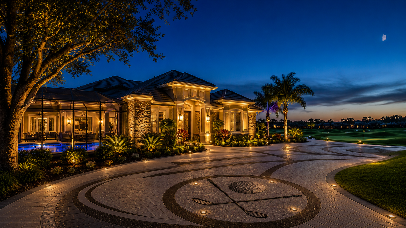 Luxury outdoor lighting installation in The Villages FL featuring landscape lighting, pool lighting, and custom home exterior lighting design