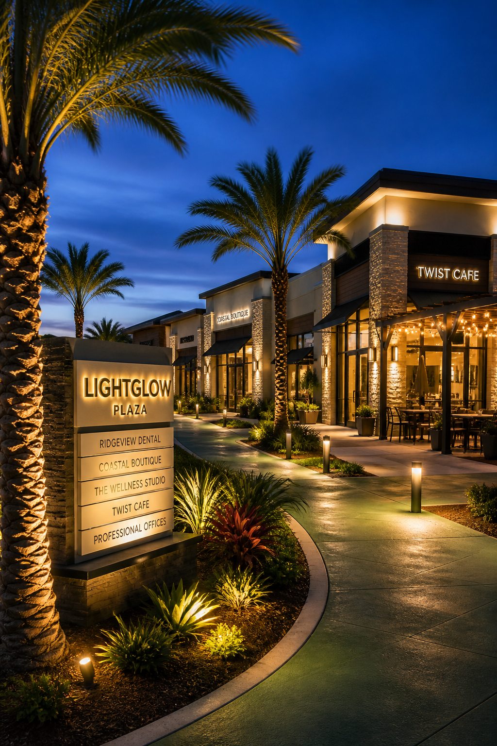 Outdoor lighting design for retail plaza with walkway lighting, storefront lighting, and landscape illumination in Central Florida