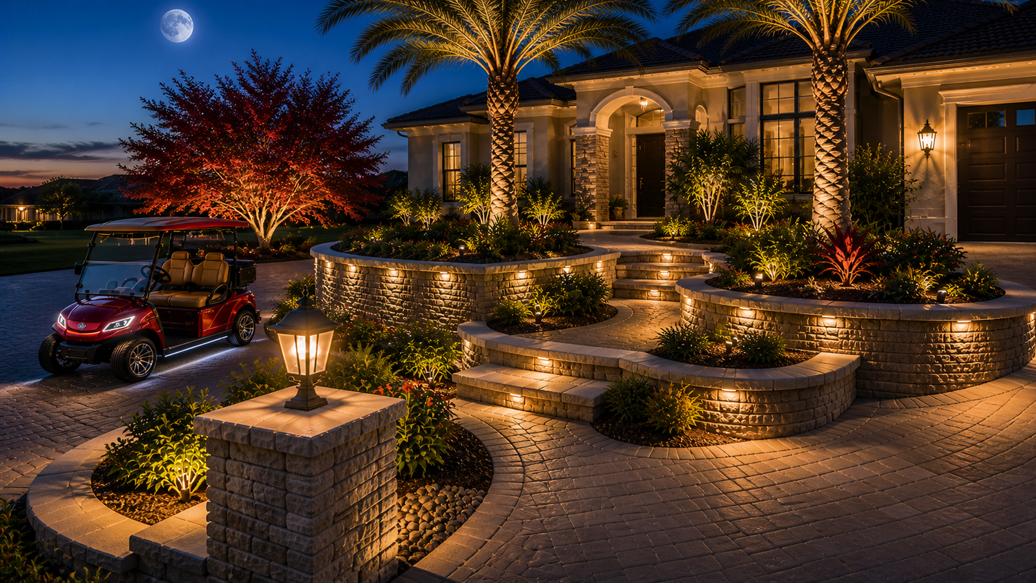 Outdoor hardscape lighting design with tiered stone walls, step lighting, and landscape lighting on a luxury home in The Villages Florida