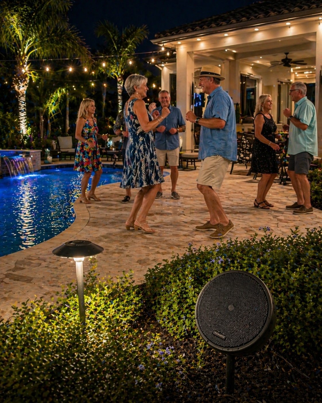 Custom outdoor audio and speaker system design with in-ground speakers and patio entertainment area in The Villages, FL